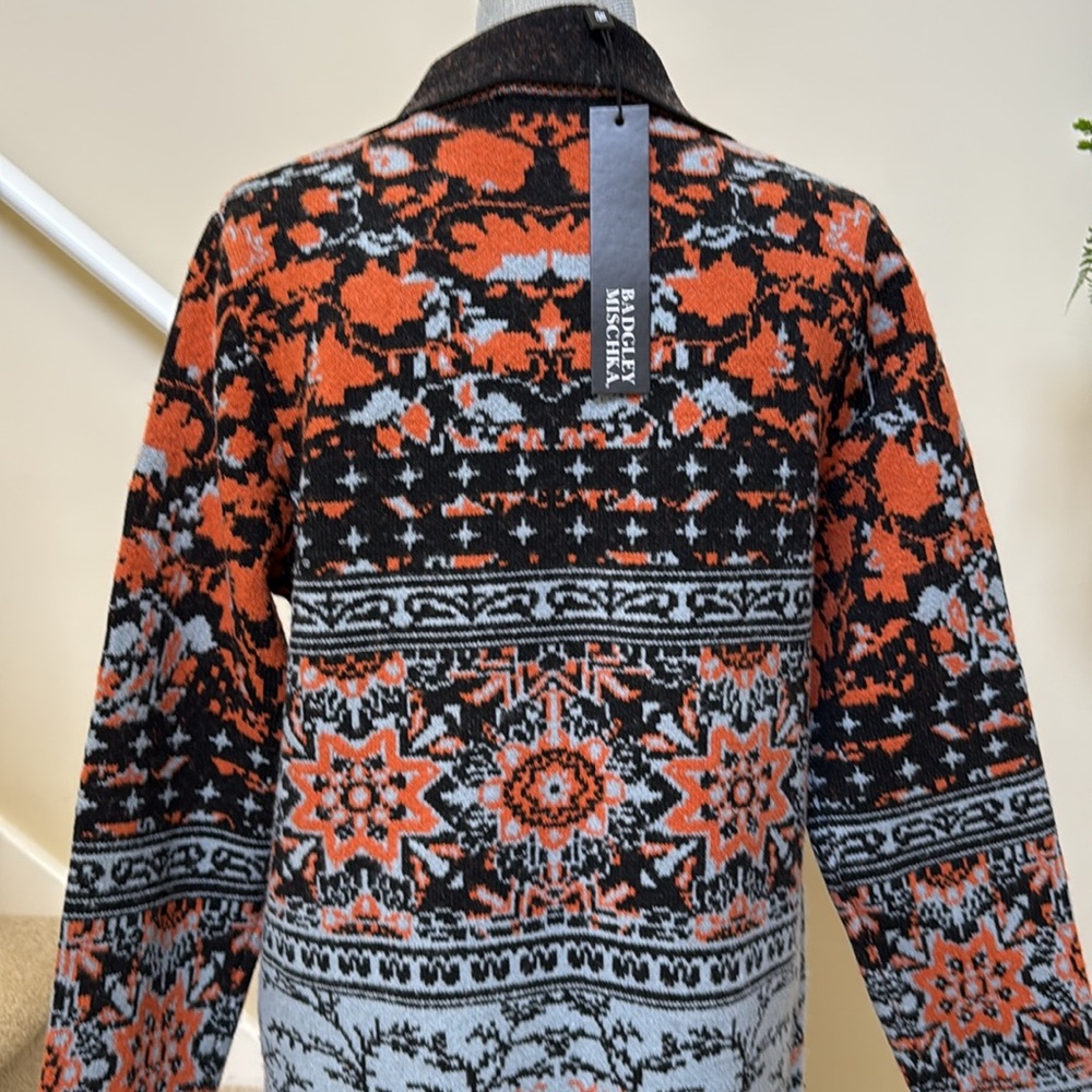 New Badgley Mischka Orange, Black and blue sweater Coat. Size M. - Picture 14 of 16